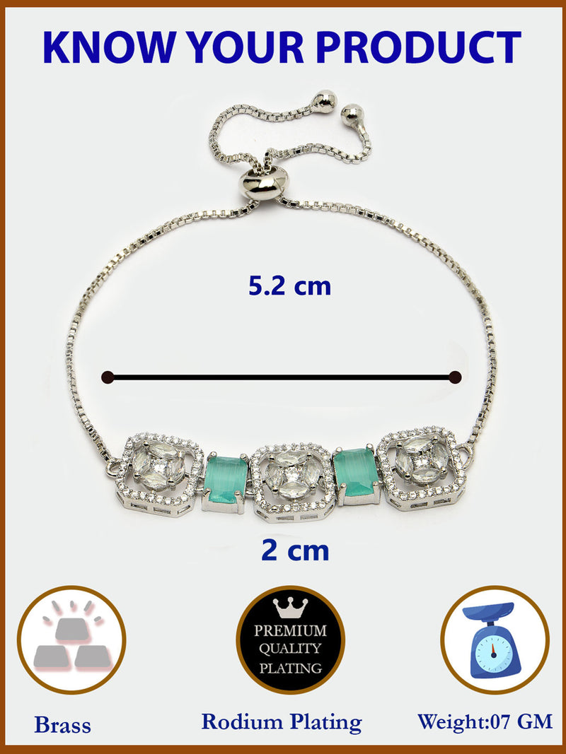 Rhodium Plated Silver Toned White Round & Mint Green Rectangle American Diamond  Studded  Wraparound Adjustable Bracelet