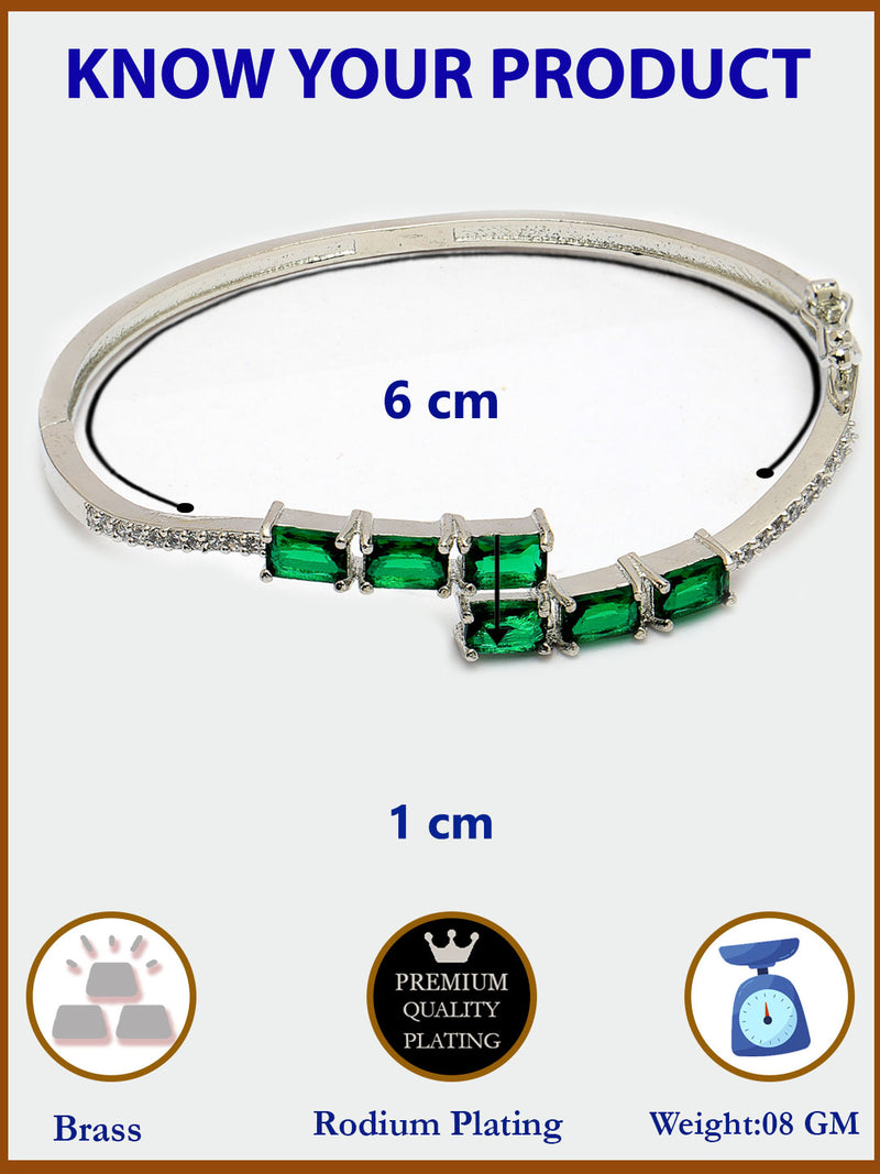 Rhodium Plated Silver Toned Green Baguette Cut American Diamond Studded Cuff Bracelet