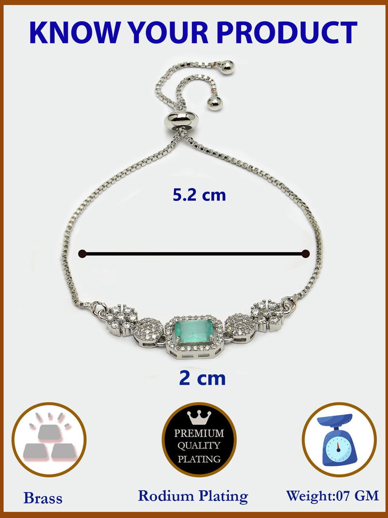Rhodium Plated Silver Toned Mint Green Square Centerpiece Ad Studded Bracelet With Beads & Floral Accents Wraparound Adjustable Bracelet