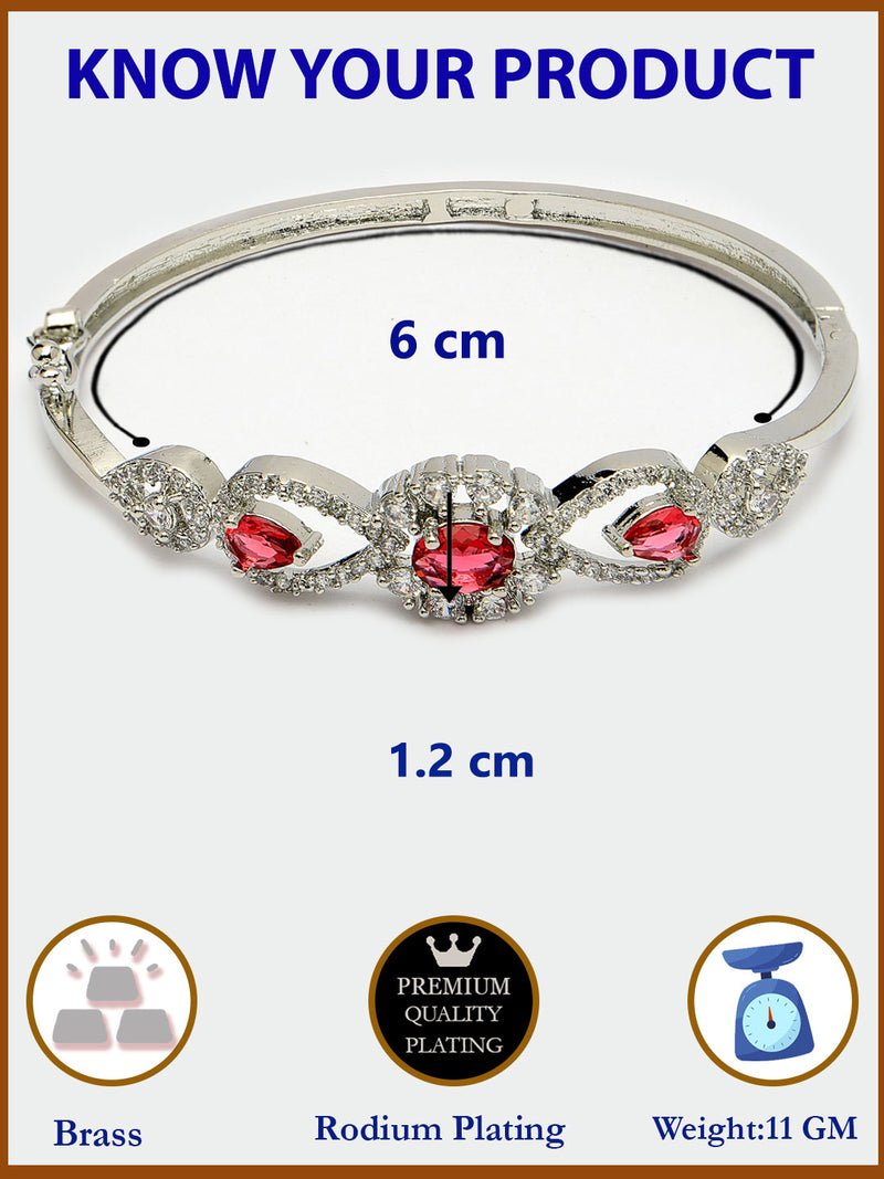Rhodium Plated Silver Toned Oval & Teardrop Red American Diamond Studded Cuff Bracelet