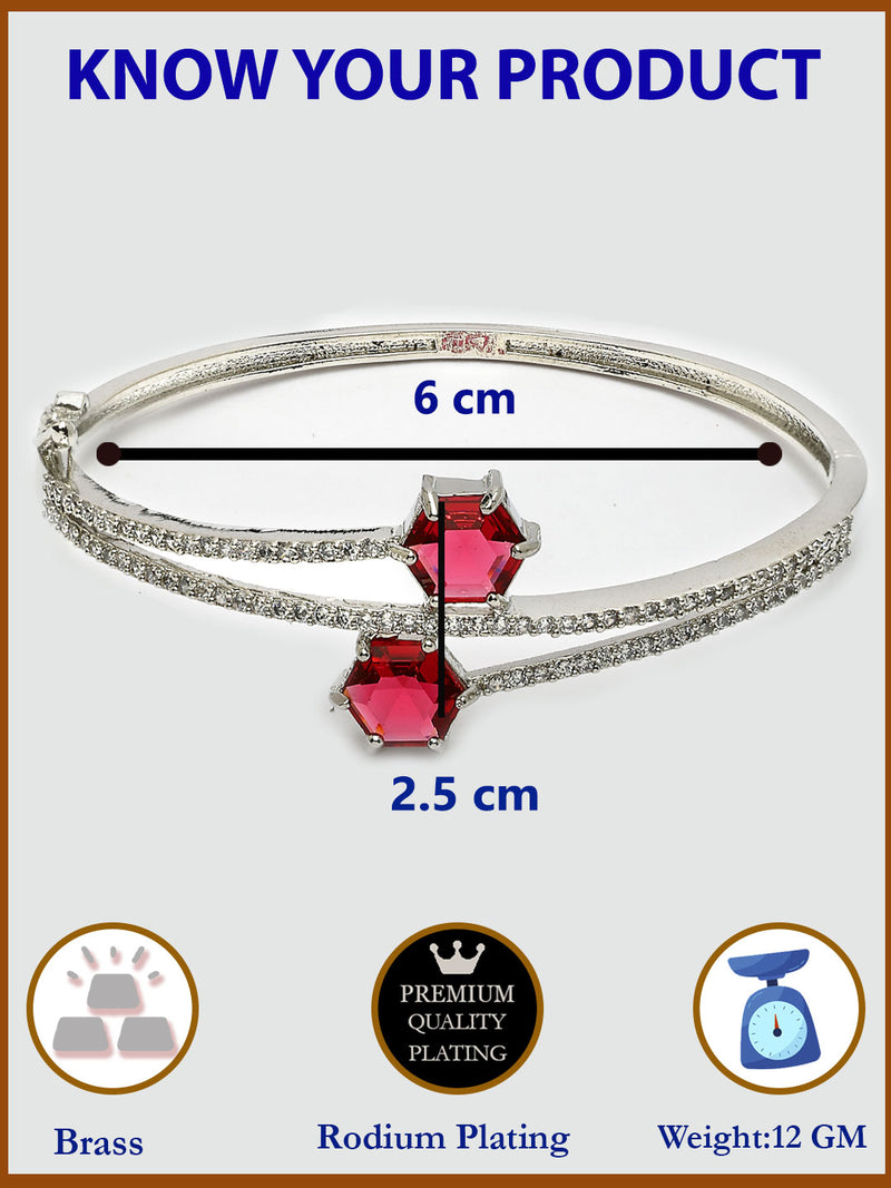 Rhodium Plated with Red American Diamond Studded Sleek Design Kada Bracelet