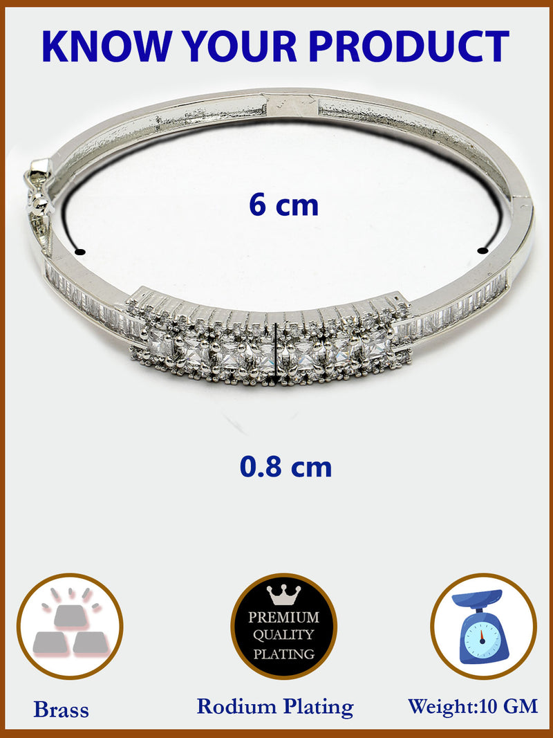 Rhodium Plated Silver Toned Minimal Round White American Diamond Studded Cuff Bracelet