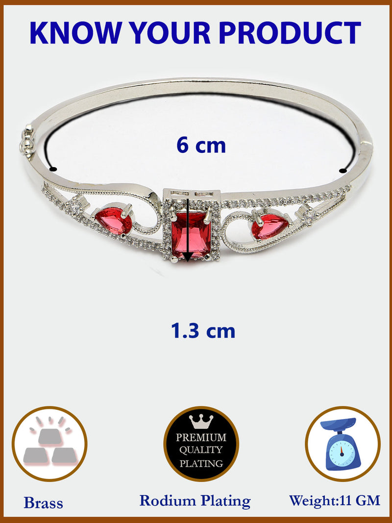Rhodium Plated Silver Toned Red Square & Teardrop American Diamond Studded Cuff Bracelet