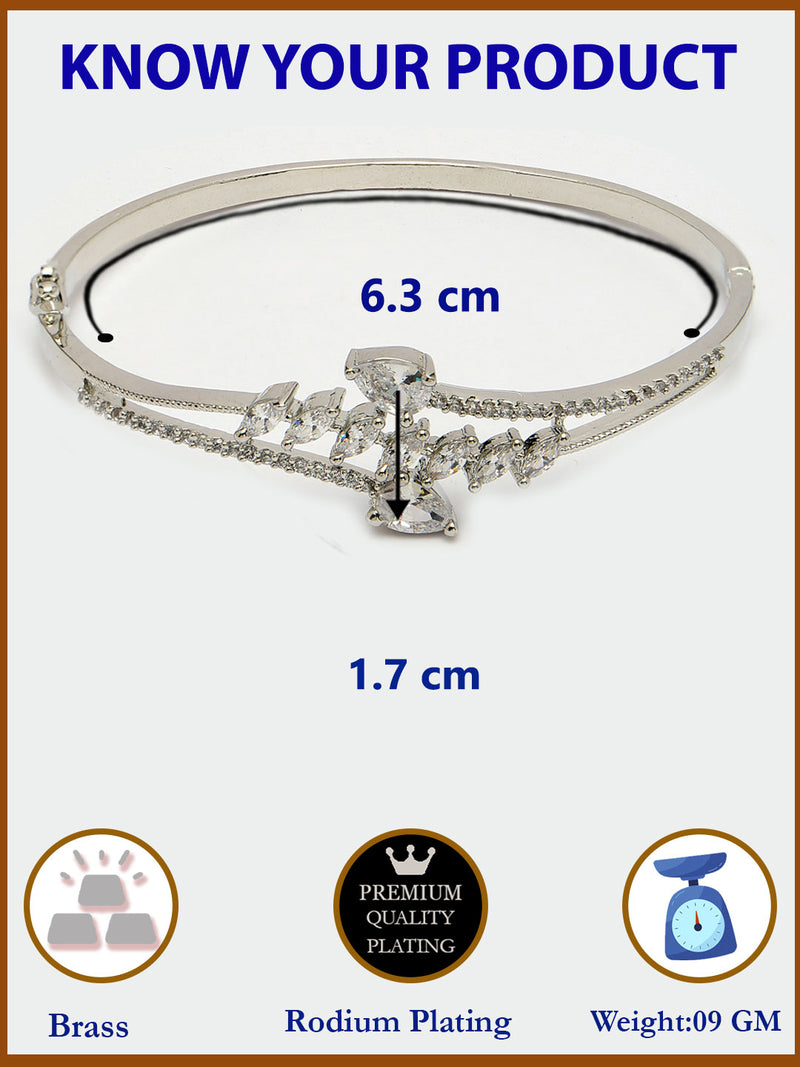 Rhodium Plated Silver Toned  Leaf Design White Teardrop American Diamond Studded Cuff Bracelet