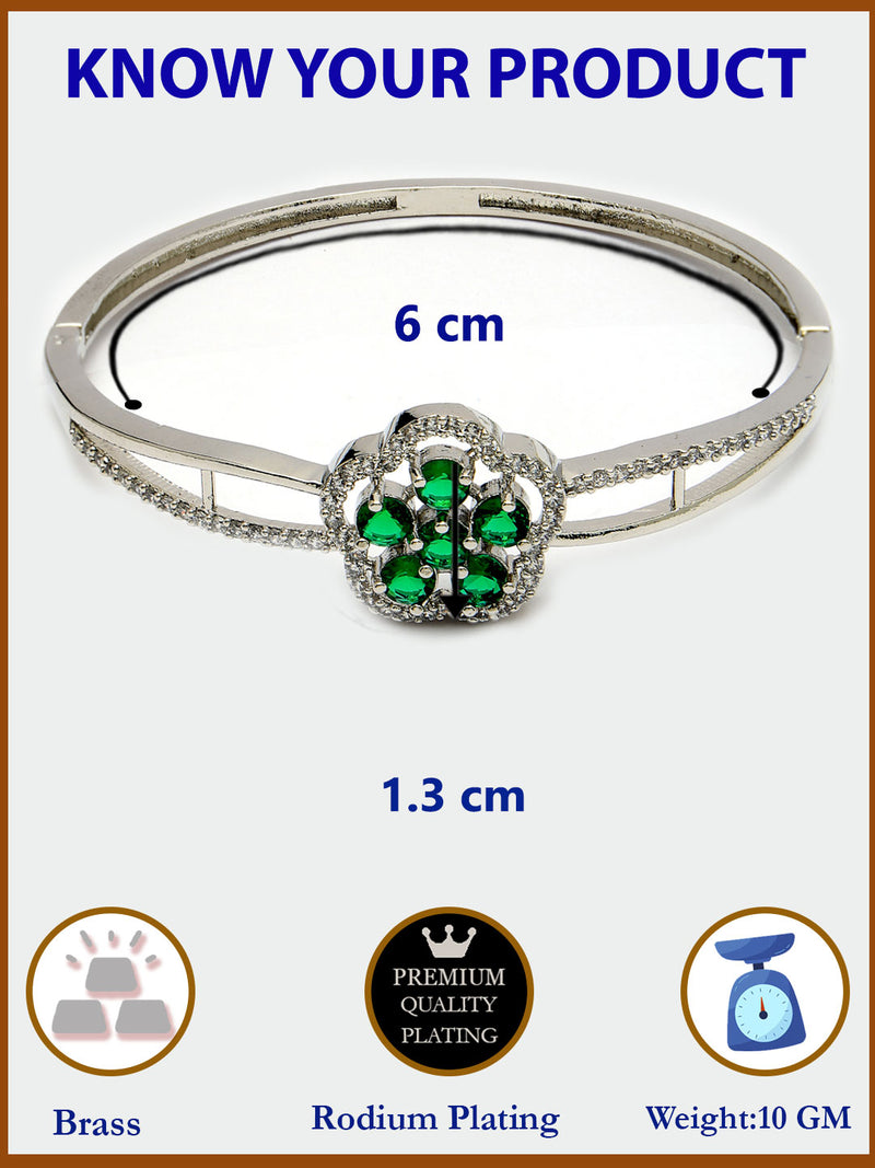 Rhodium Plated Silver Toned Floral Cluster Green American Diamond  Studded Cuff Bracelet