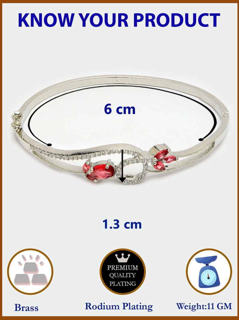 Rhodium Plated Silver Toned Nature Inspired Red Oval American Diamond Studded Cuff Bracelet