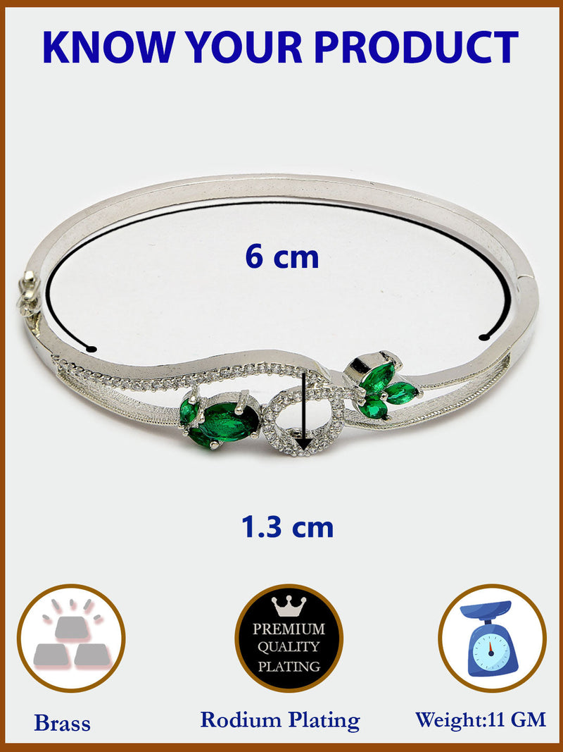 Rhodium Plated Silver Toned Nature Inspired Green Oval American Diamond Studded Cuff Bracelet