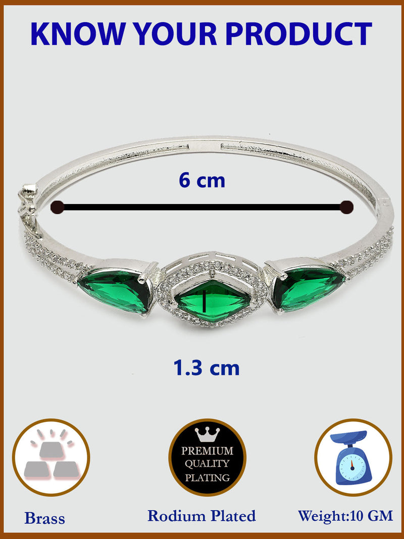 Rhodium Plated Silver Toned Teardrop Shaped Emerald Green American Diamond Studded Bracelet