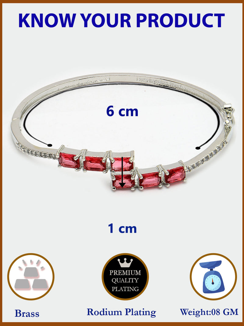 Rhodium Plated Silver Toned Red Baguette Cut American Diamond Studded Cuff Bracelet