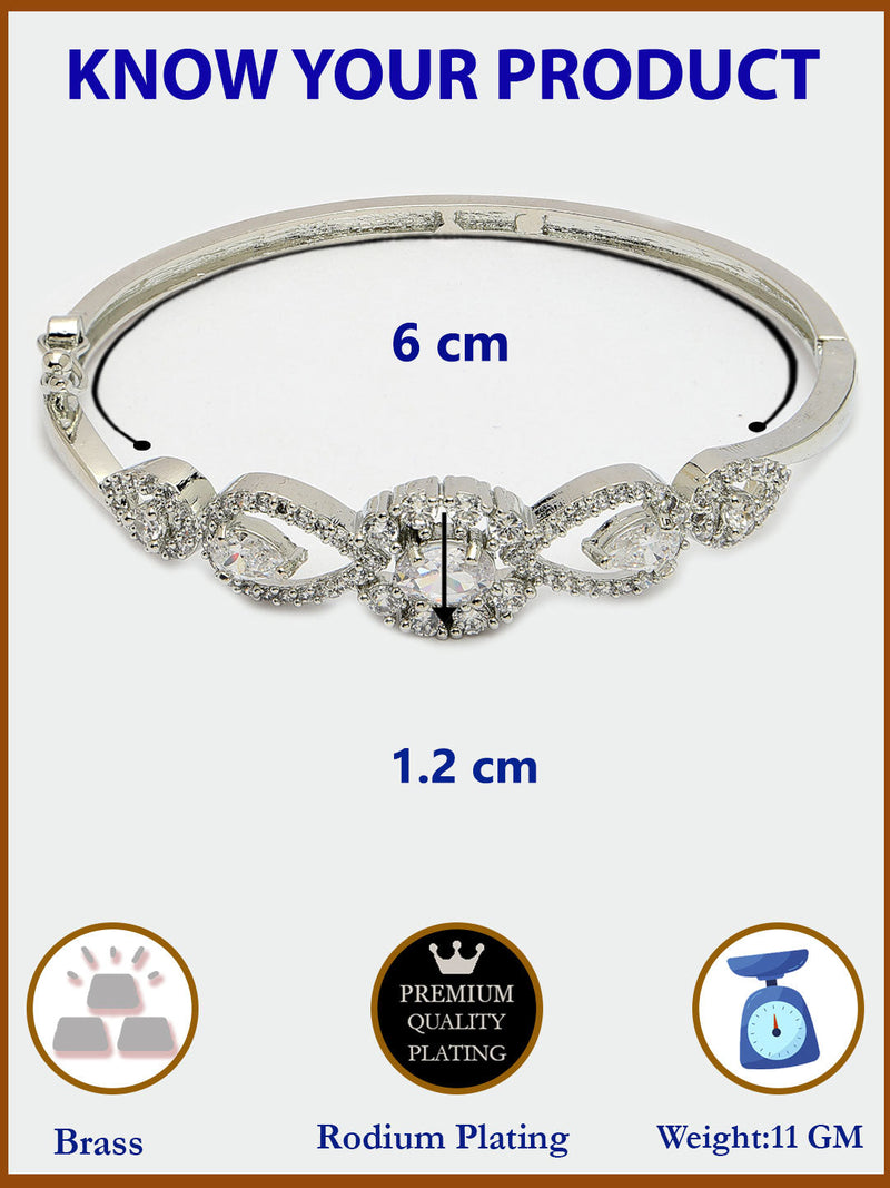 Rhodium Plated Silver Toned Oval & Teardrop White American Diamond Studded Cuff Bracelet