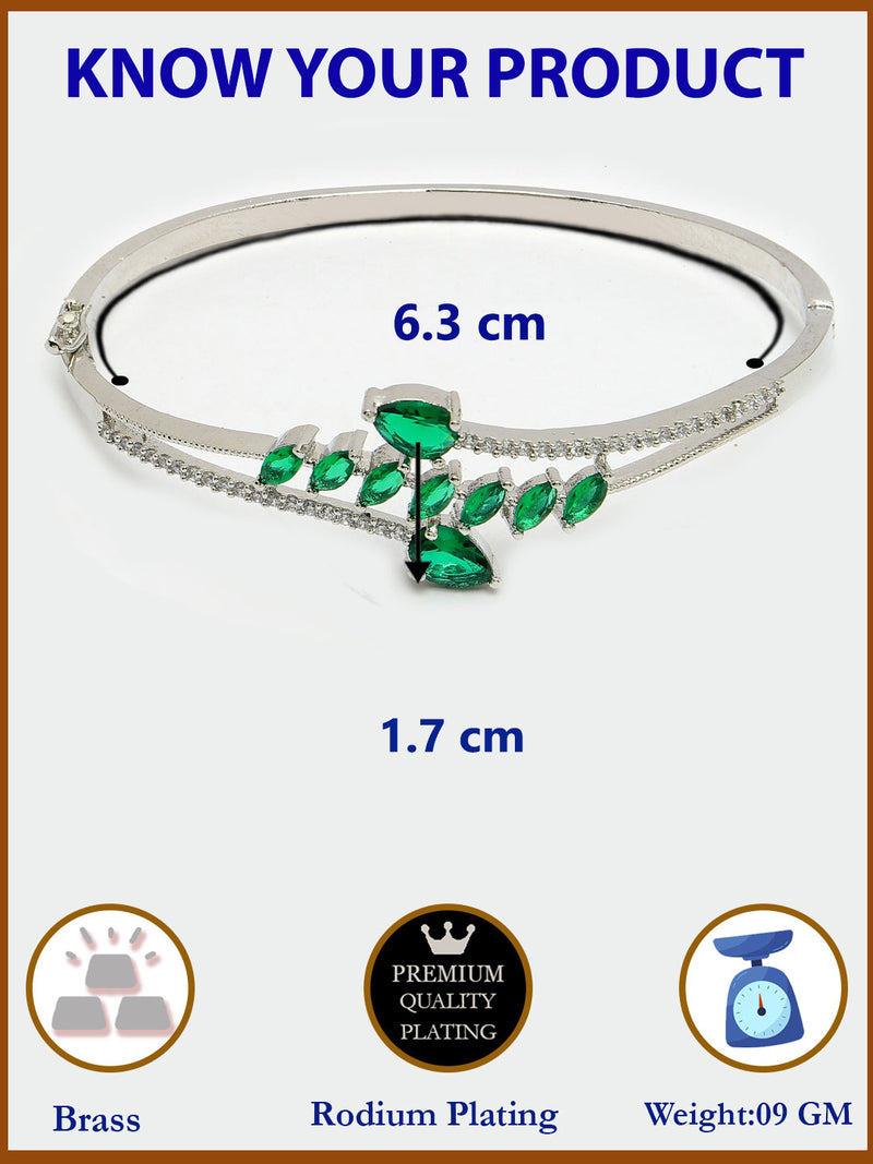 Rhodium Plated Silver Toned Leaf Design Green Teardrop American Diamond Studded Cuff Bracelet