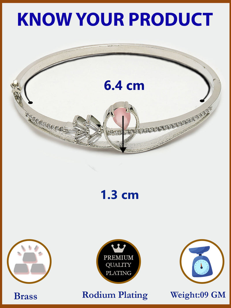Rhodium Plated Silver Toned Pink Teardrop American Diamond Studded Cuff Bracelet