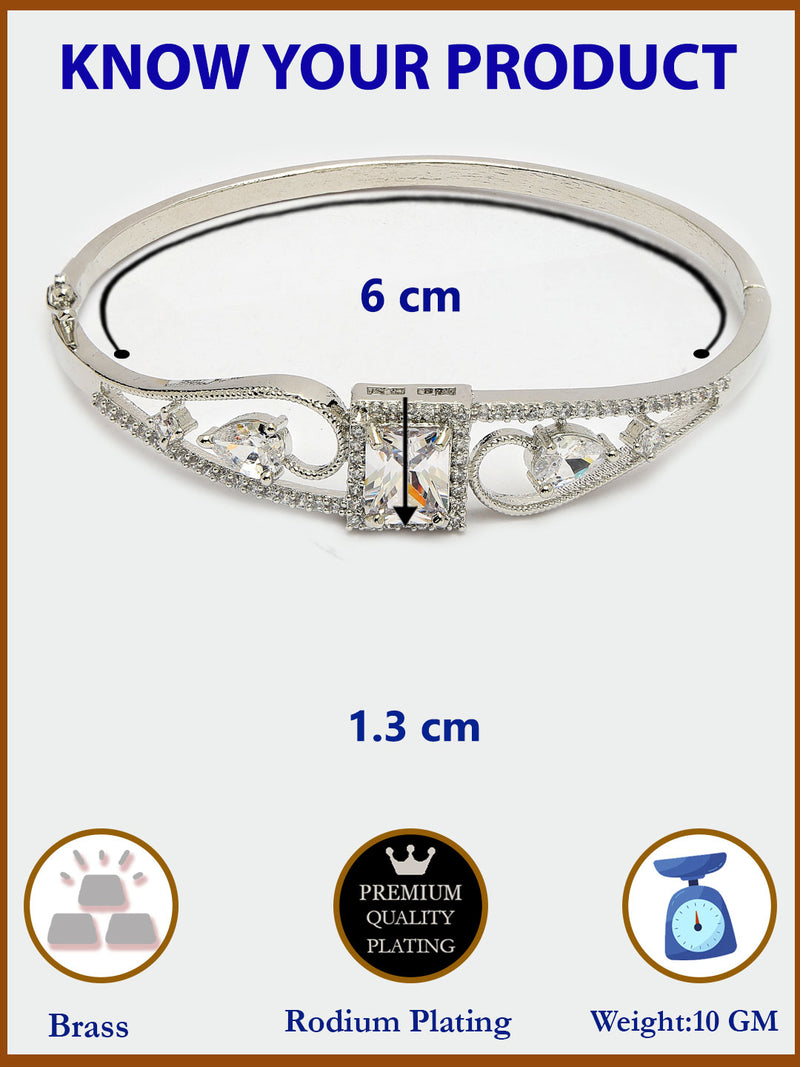 Rhodium Plated Silver Toned White Square & Teardrop American Diamond Studded Cuff Bracelet