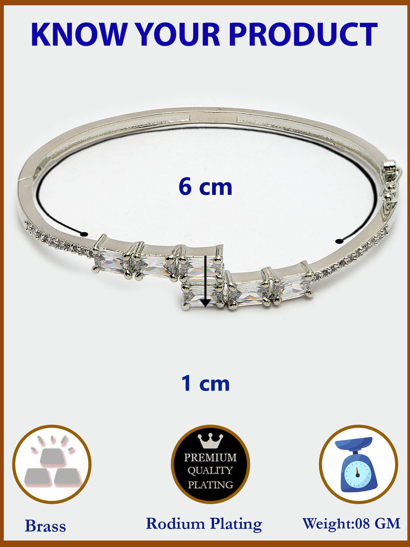 Rhodium Plated Silver Toned White Baguette Cut American Diamond Studded Cuff Bracelet