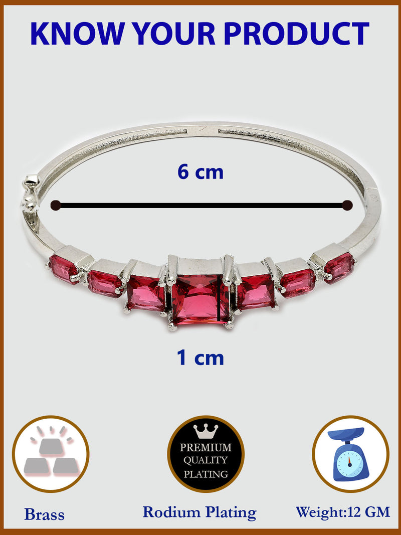 Rhodium Plated with Square Shaped Red American Diamond Studded Kada Bracelet