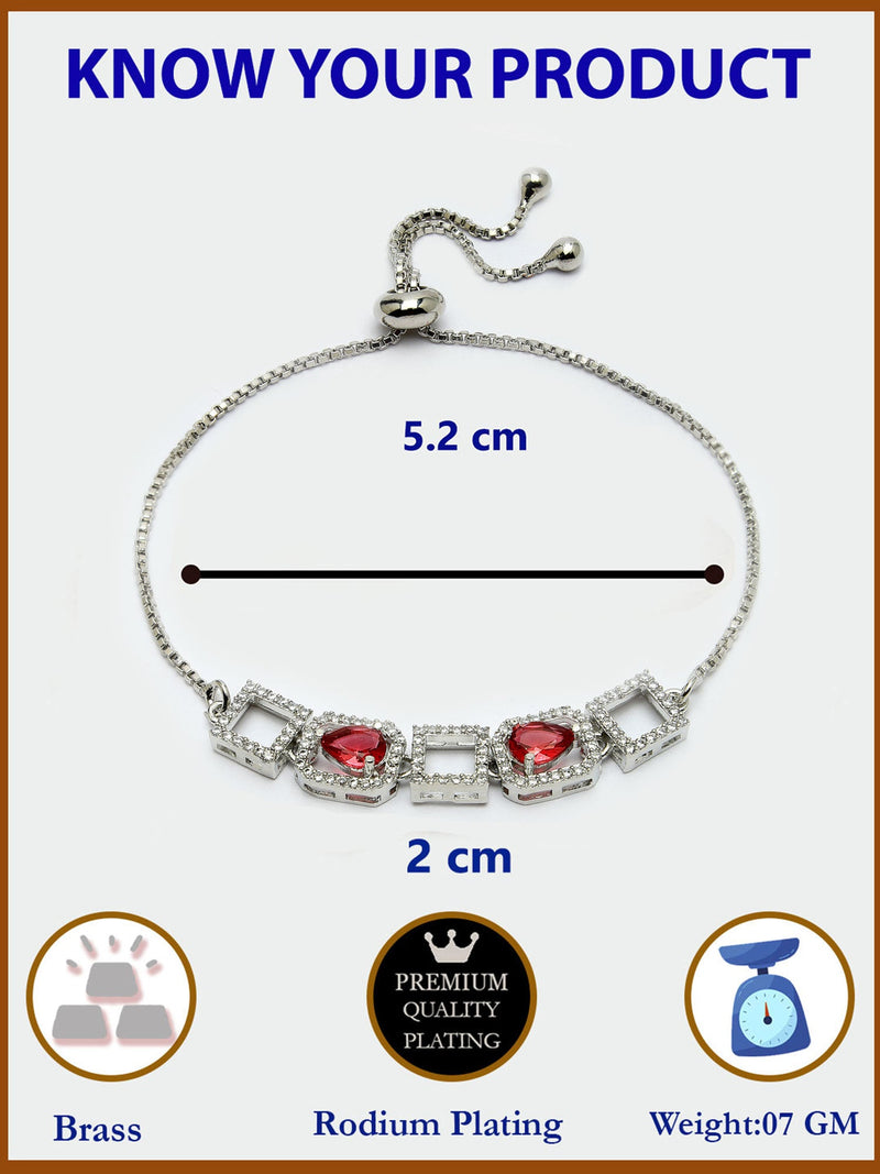 Rhodium Plated Silver Toned White Square Cut Red Teardrop American Diamond Studded  Wraparound Adjustable Bracelet