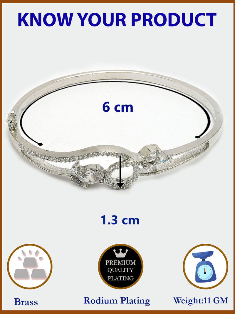 Rhodium Plated Silver Toned Nature Inspired White Oval American Diamond Studded Cuff Bracelet