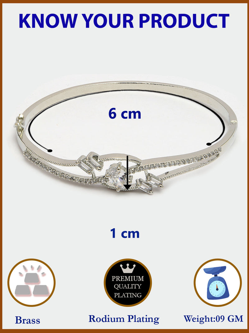 Rhodium Plated Silver Toned White Oval American Diamond Studded Cuff Bracelet
