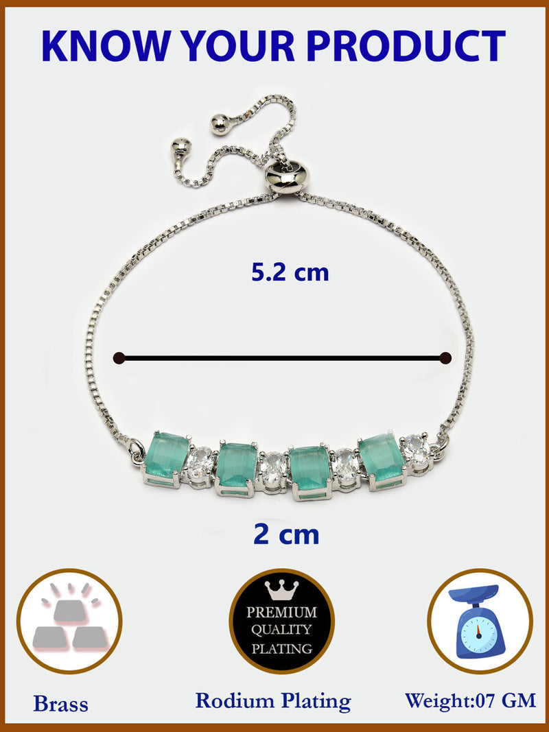 Rhodium Plated Silver Toned White Round & Mint Green Square Cut AD Studded Bracelet | Wraparound Adjustable Bracelet