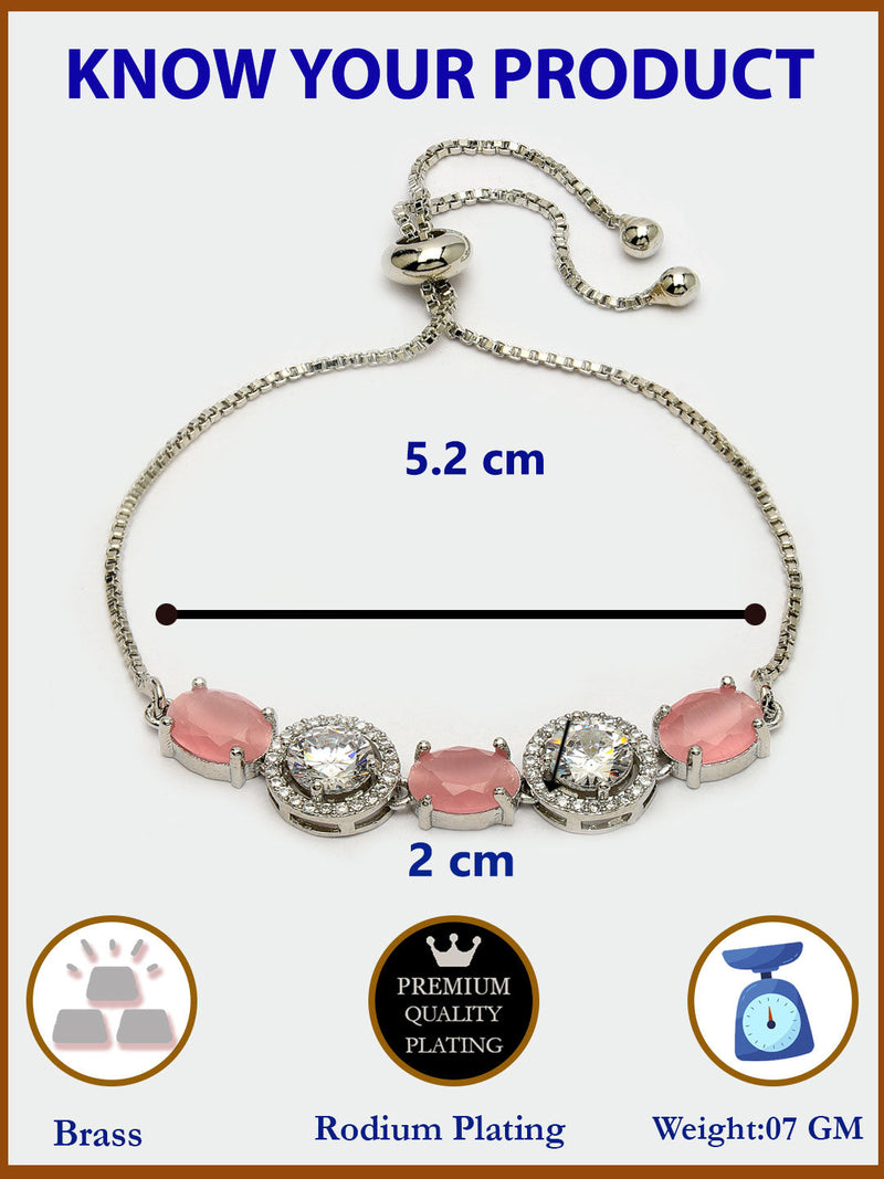 Rhodium Plated Silver Toned White Round & Pink Oval American Diamond Studded Wraparound Adjustable Bracelet
