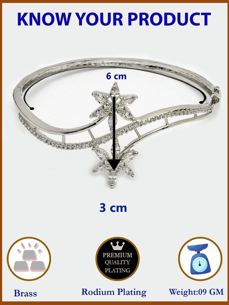 Rhodium Plated Silver Toned Floral Design White American Diamond Studded Cuff Bracelet