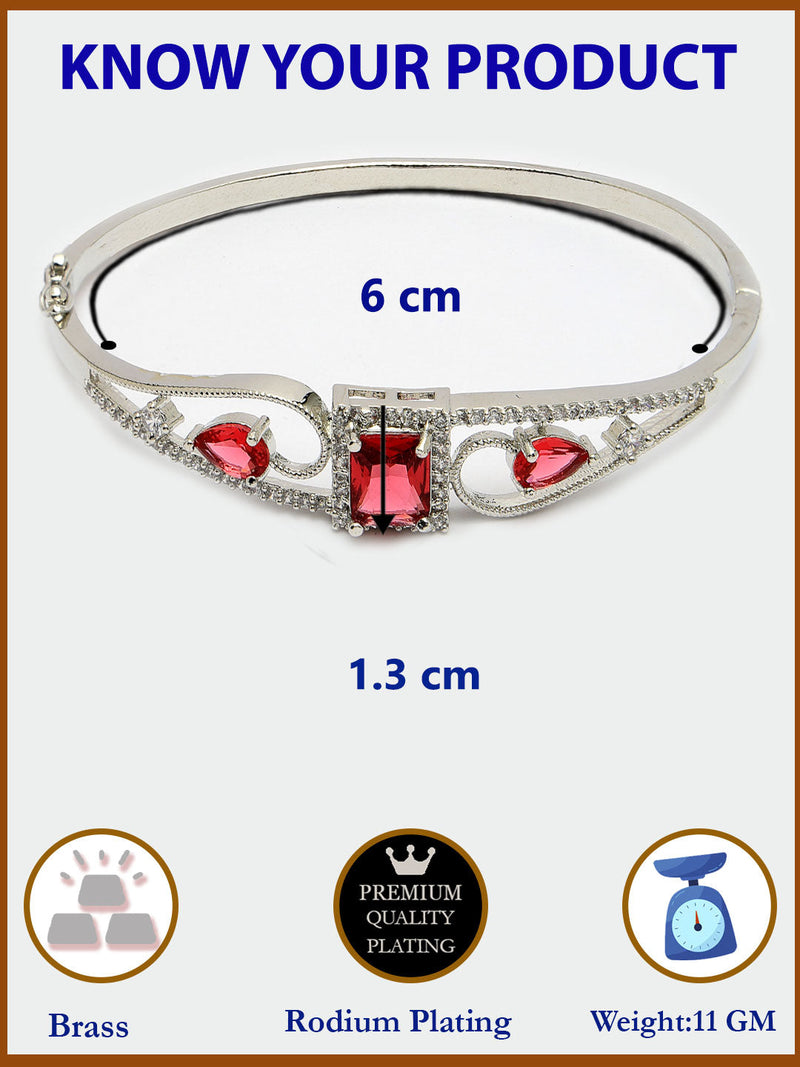 Rhodium Plated Silver Toned Red Square & Teardrop American Diamond Studded Cuff Bracelet