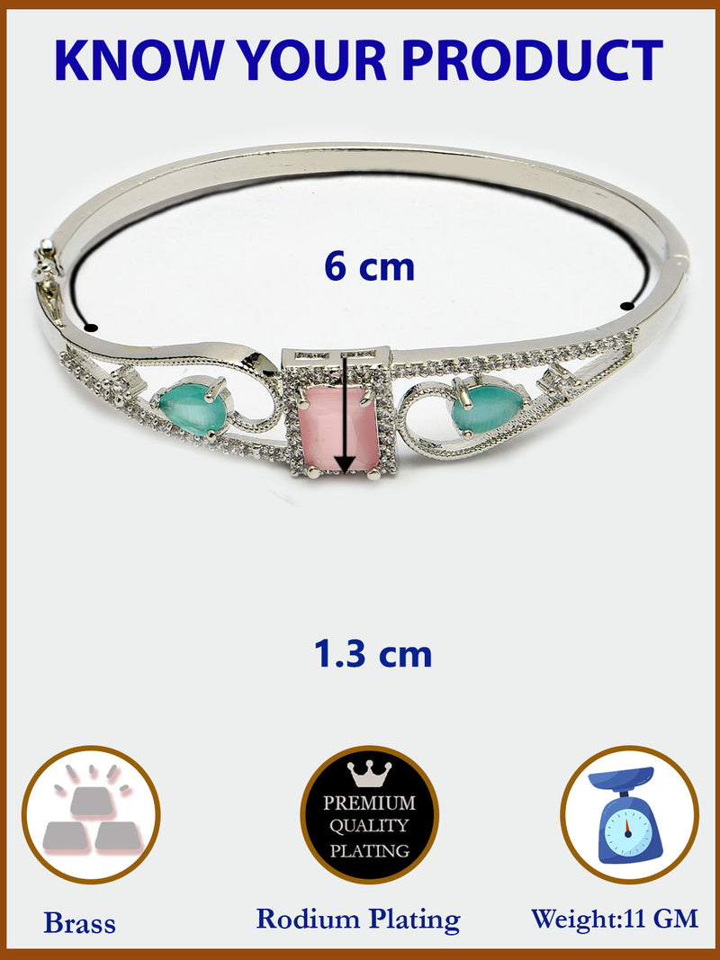 Rhodium Plated Silver Toned Pink Square & Mint Green Teardrop American Diamond Studded Cuff Bracelet