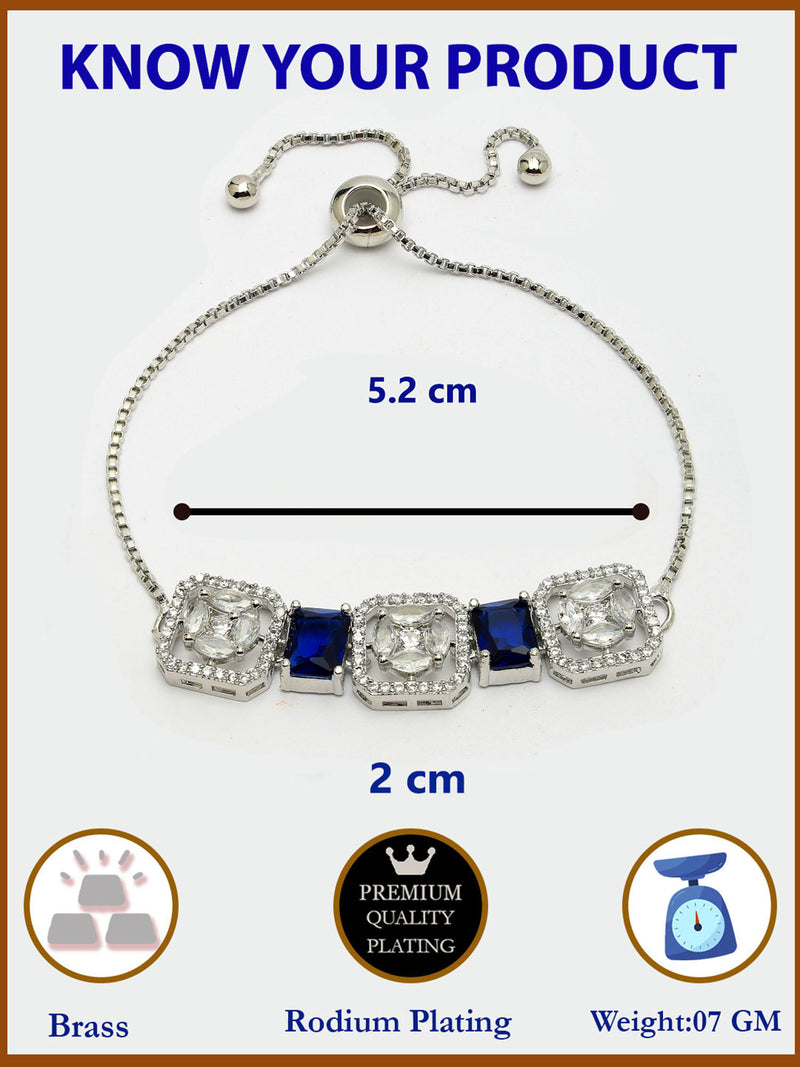 Rhodium Plated Silver Toned White Round & Blue Rectangle American Diamond Wraparound Adjustable Bracelet