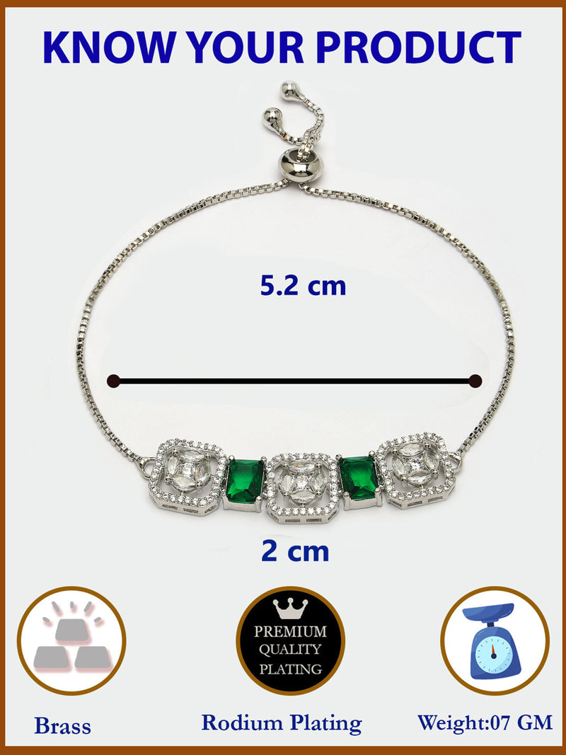 Zeneme Rhodium Plated Silver Toned White Round & Green Rectangle American Diamond Studded  Wraparound Adjustable Bracelet
