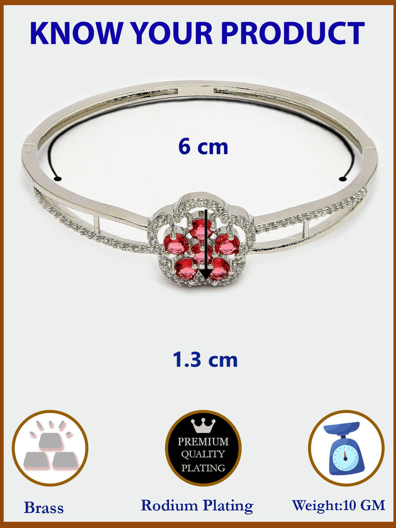 Rhodium Plated Silver Toned Floral Cluster Red American Diamond  Studded Cuff Bracelet