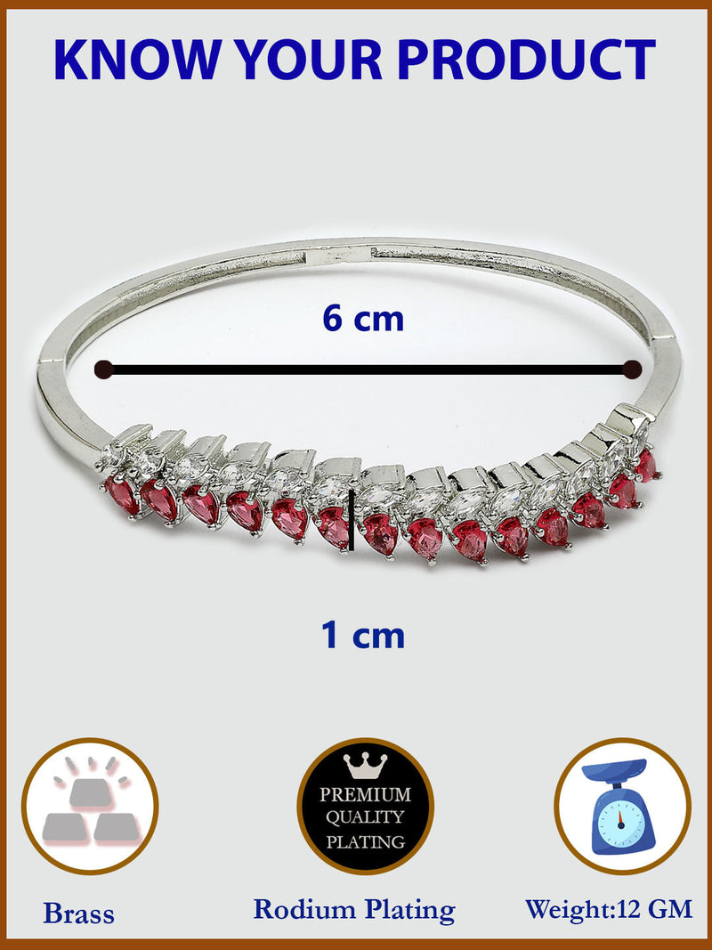Rhodium Plated Silver Toned Leaf Shaped Ruby Red American Diamond Studded Bracelet