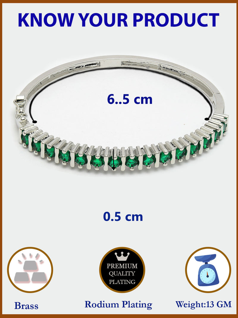 Rhodium Plated Silver Toned Minimal  Round Green American Diamond Studded Cuff Bracelet