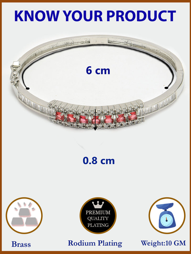 Rhodium Plated Silver Toned Minimal Round Red American Diamond Studded Cuff Bracelet