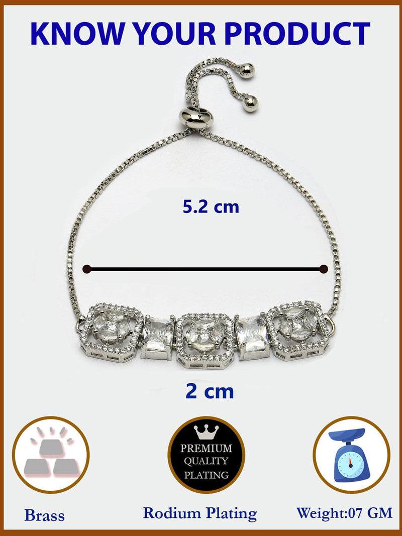 Rhodium Plated Silver Toned White Round & Rectangle American Diamond Studded Wraparound Adjustable Bracelet
