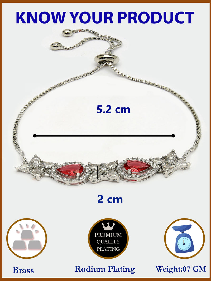 Rhodium Plated Silver Toned White Flower & Red Teardrop AD Studded Wraparound Adjustable Bracelet