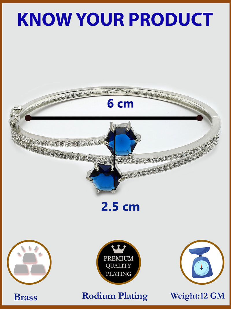 Rhodium Plated Silver Toned Round Shaped  Blue American Diamond Studded  Bracelet
