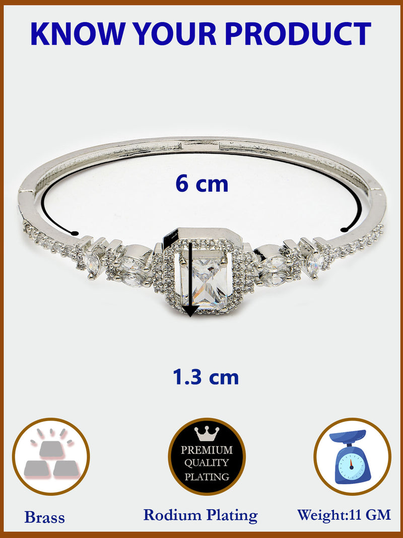 Rhodium Plated Silver Toned White Rectangle American Diamond Studded Cuff Bracelet