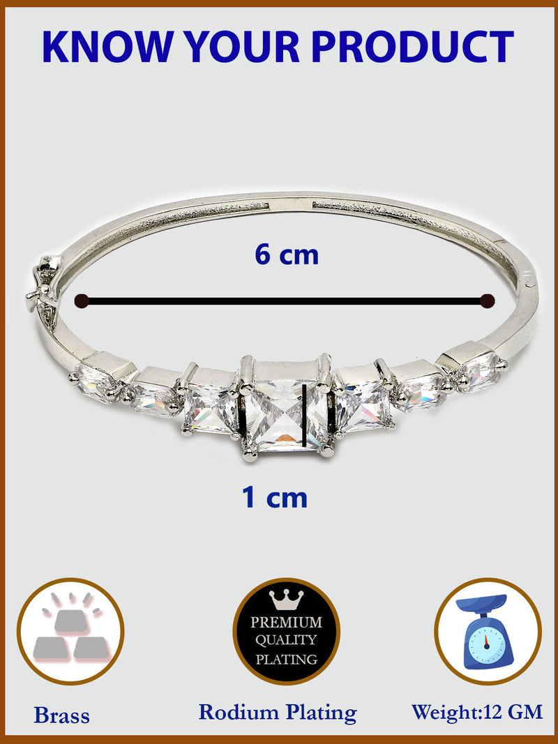 Rhodium Plated Silver Toned Square Shaped White American Diamond Studded Bracelet