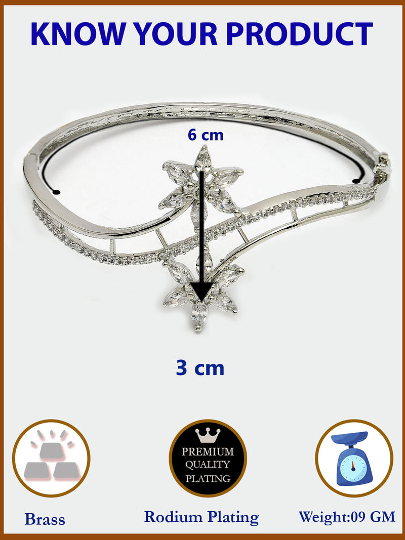 Rhodium Plated Silver Toned Floral Design White American Diamond Studded Cuff Bracelet