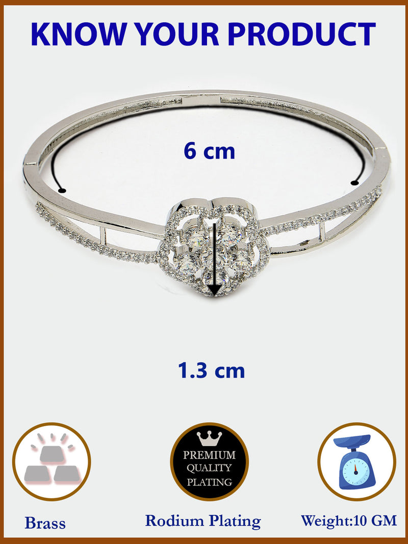 Rhodium Plated Silver Toned Floral Cluster Round White AD Studded Cuff Bracelet