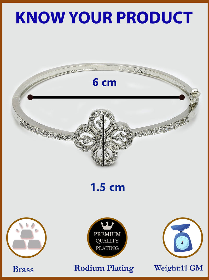 Rhodium Plated Silver Toned Floral White American Diamond Studded Bracelet