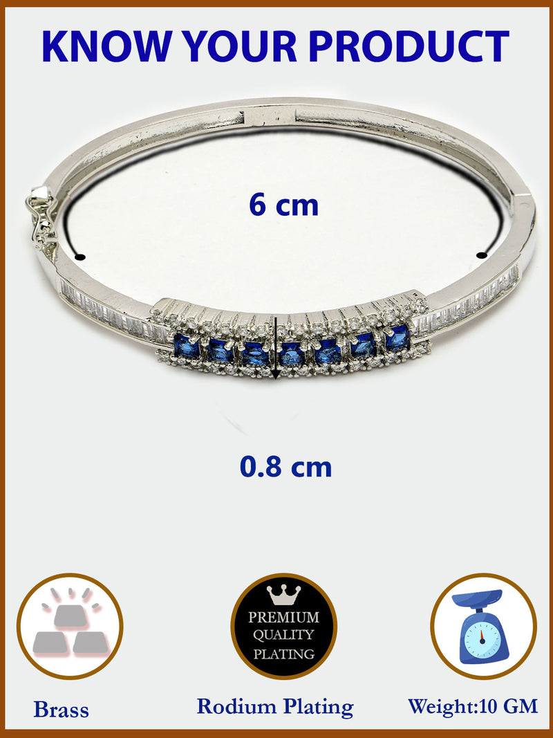 Rhodium Plated Silver Toned Minimal Round Blue American Diamond Studded Cuff Bracelet