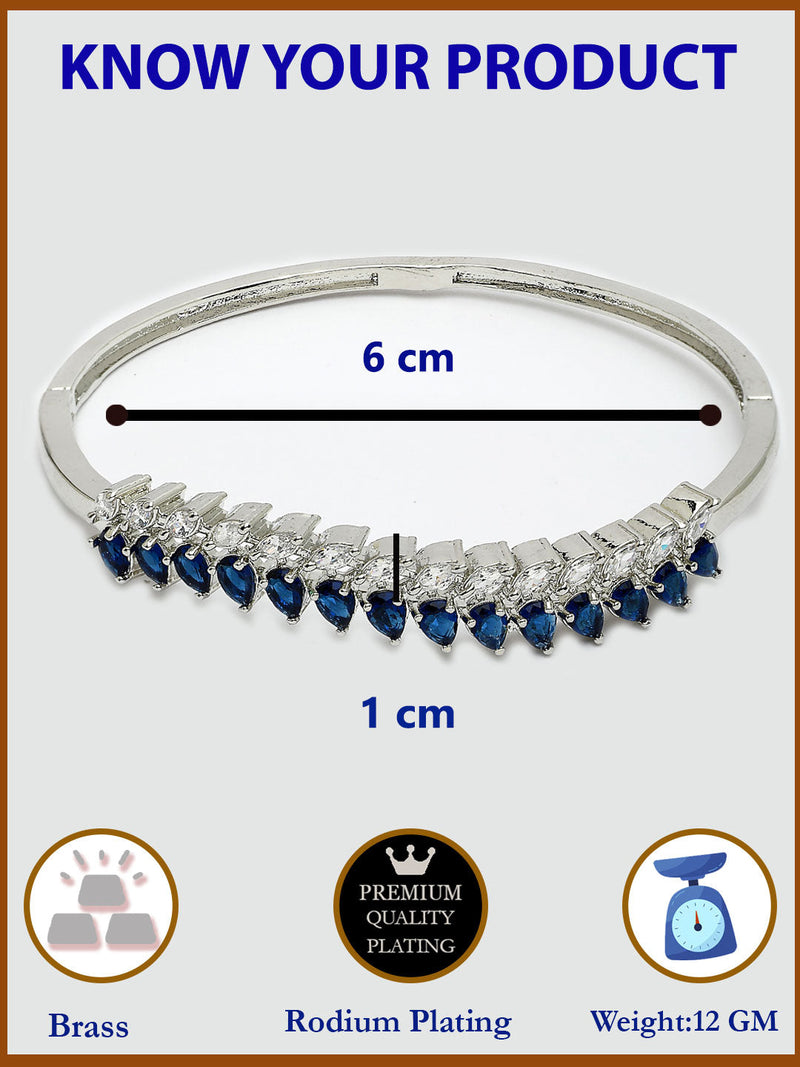 Rhodium Plated Silver Toned Leaf Shaped Royal Blue American Diamond Studded Bracelet