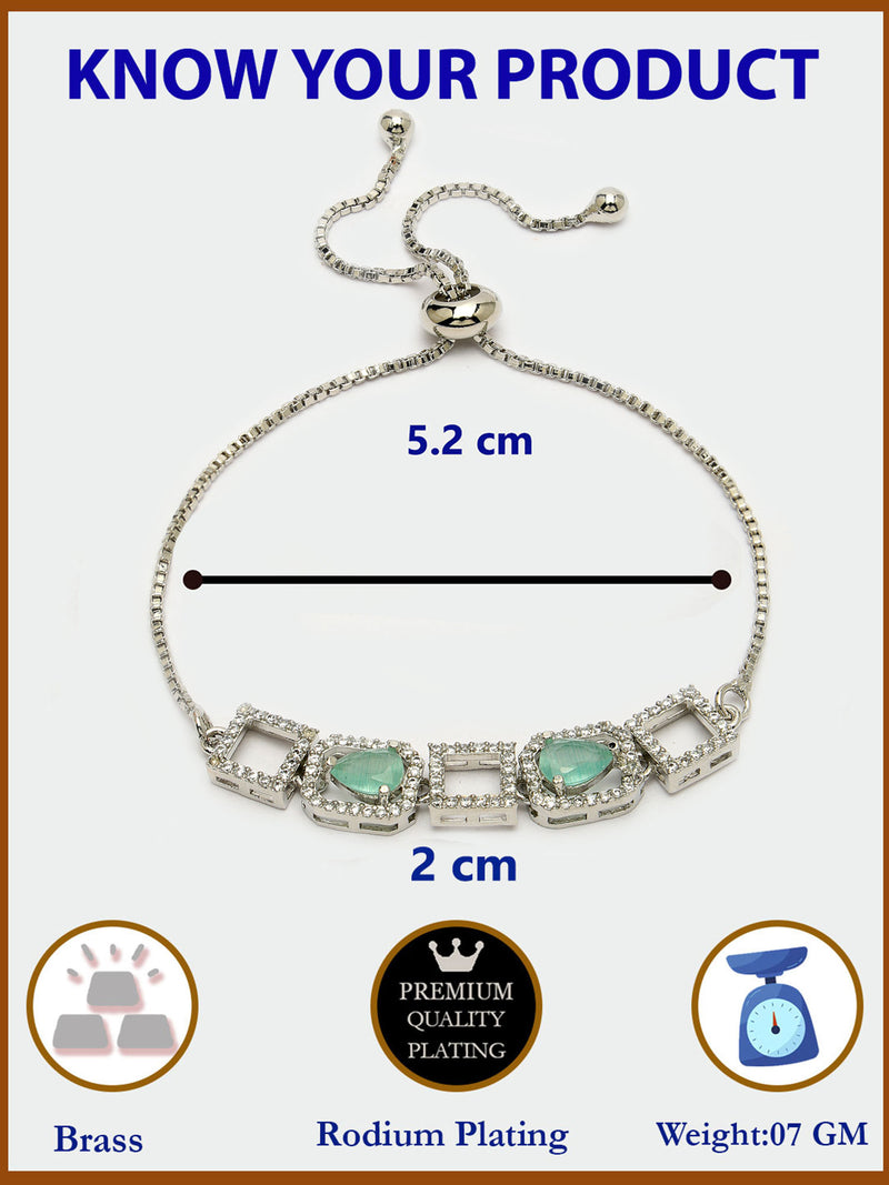 Rhodium Plated Silver Toned White Square Cut Mint Green Teardrop Ad Studded Wraparound Adjustable Bracelet