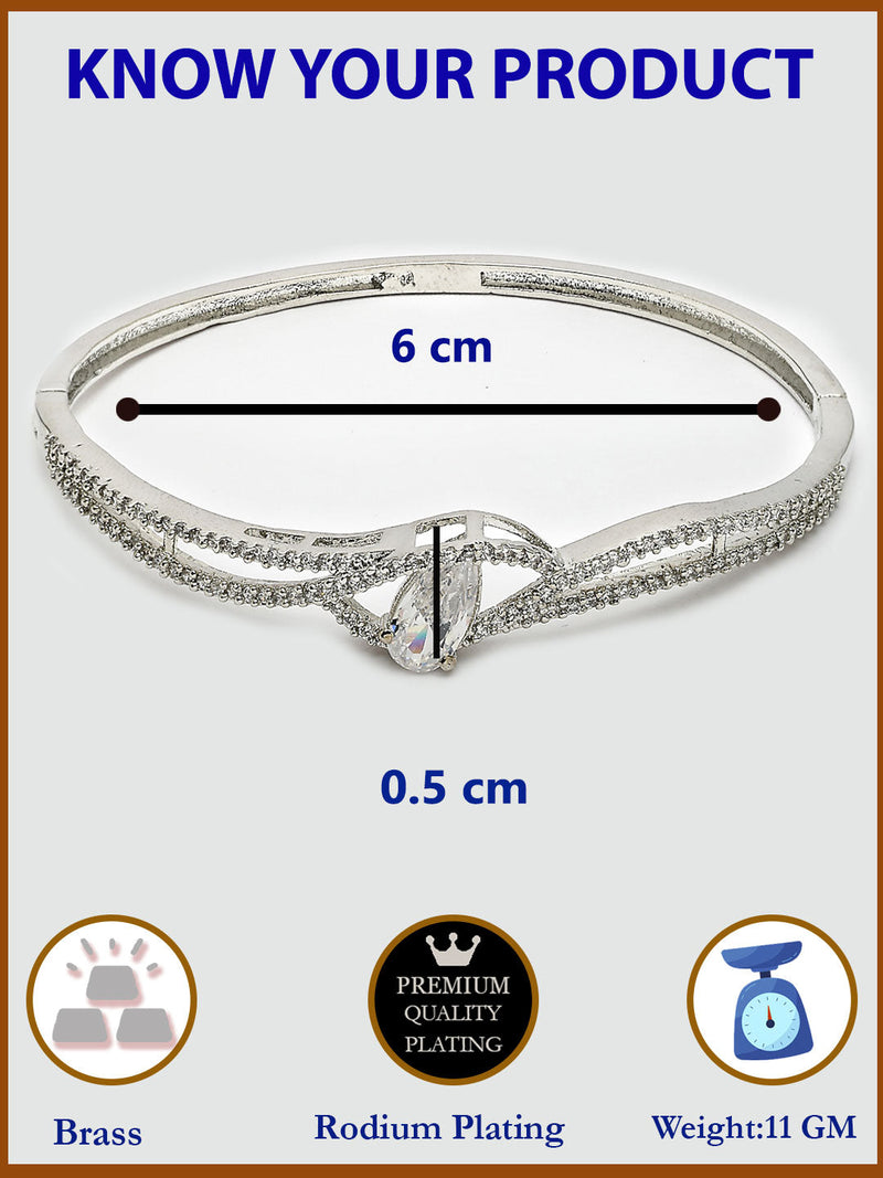 Rhodium Plated Silver Toned White Tear Drop Shaped American Diamond Studded Bracelet