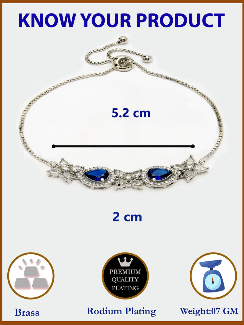 Rhodium Plated Silver Toned White Flower & Blue Teardrop American Diamond Studded Wraparound Adjustable Bracelet