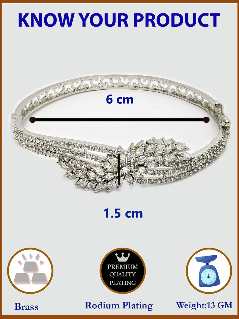 Rhodium Plated with White American Diamond Studded Leaf Design Kada Bracelet