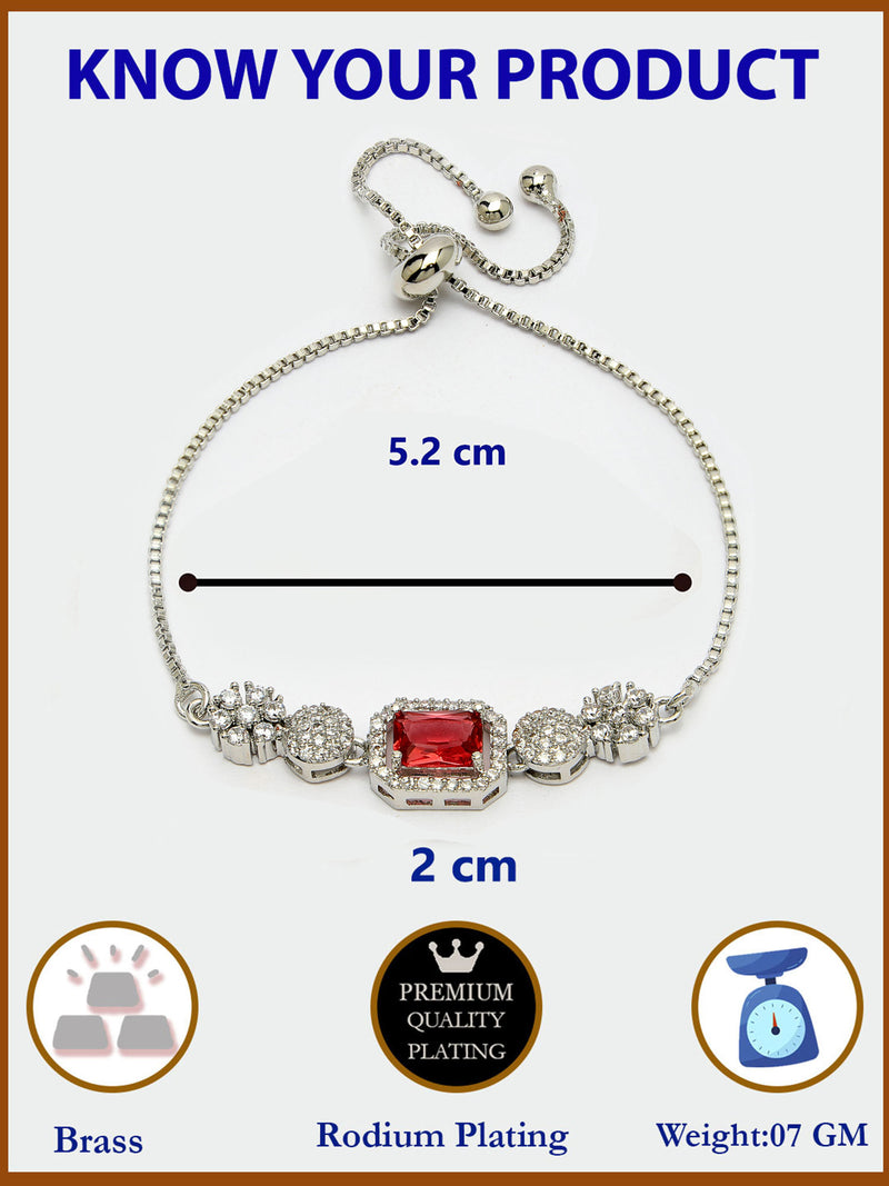 Rhodium Plated Silver Toned Red Square Centerpiece Ad Studded Bracelet With Beads & Floral Accents Wraparound Adjustable Bracelet