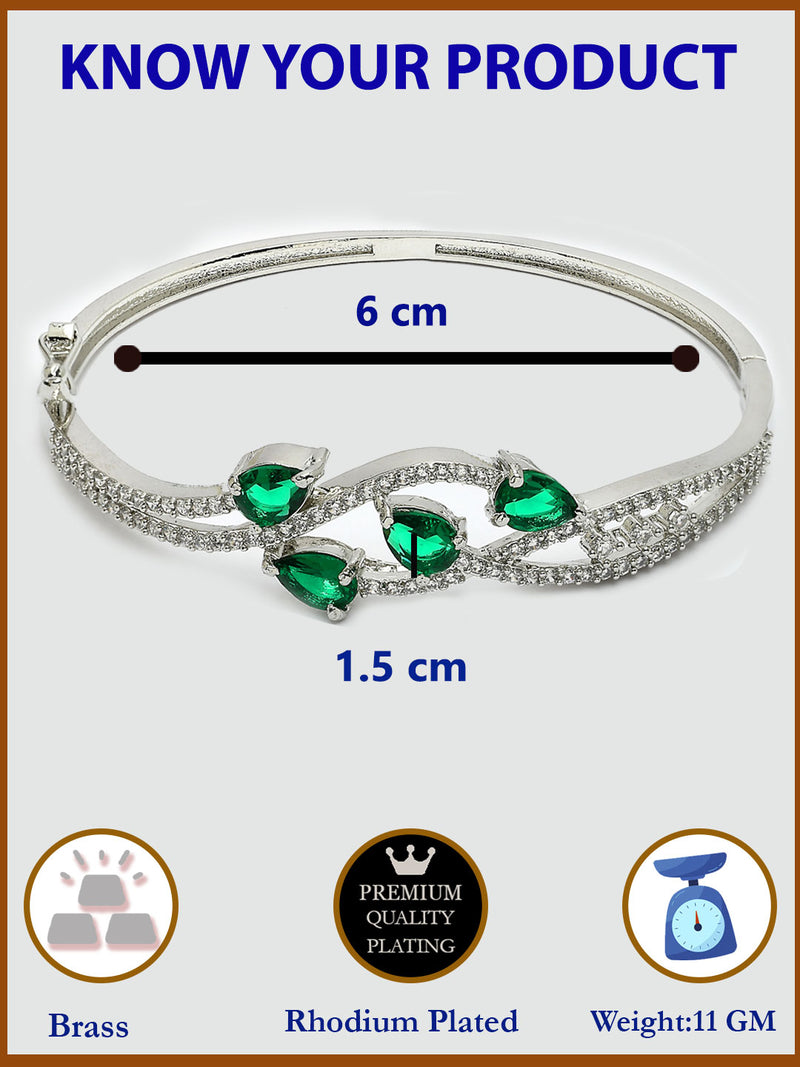 Rhodium Plated with Green American Diamond Studded Leaf Style Design Kada Bracelet