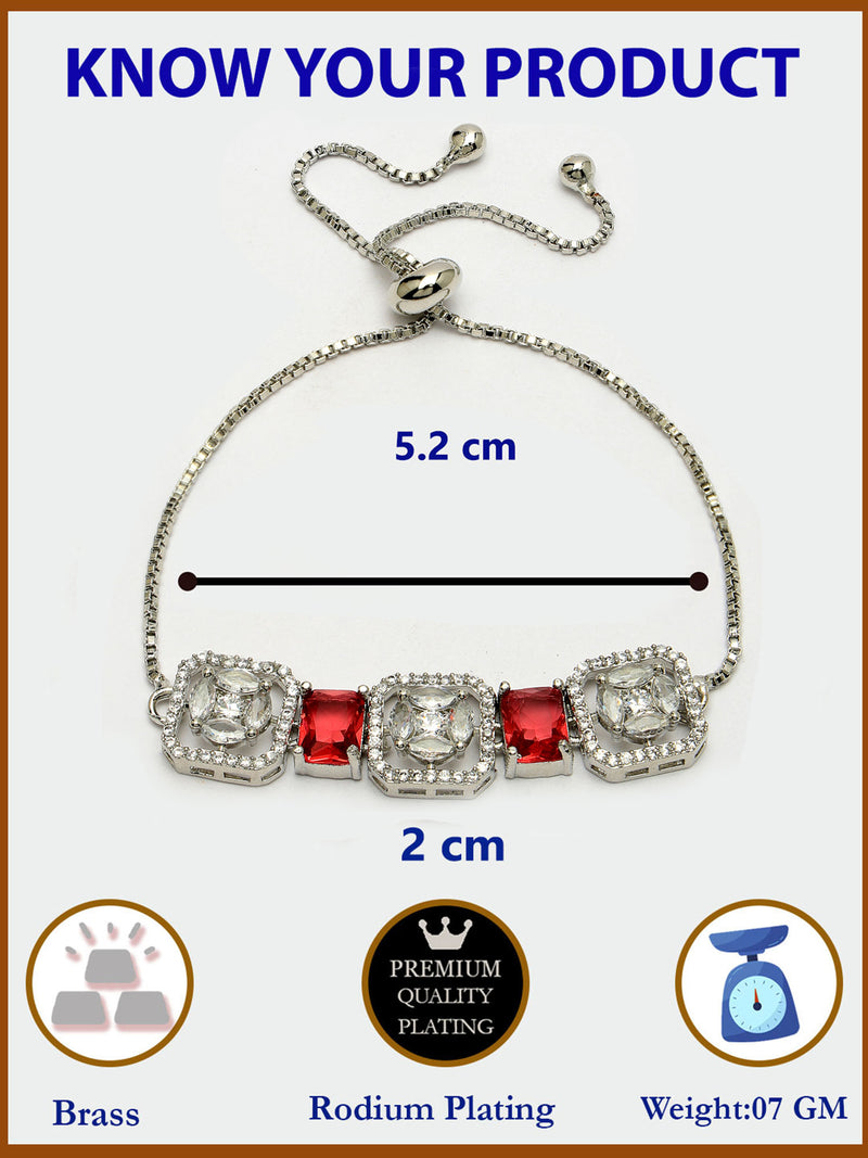 Rhodium Plated Silver Toned White Round & Red Rectangle American Diamond Studded Wraparound Adjustable Bracelet